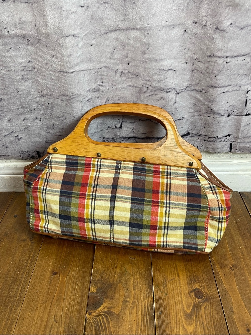 J.Crew Plaid Handbag with Wood Handles Plaid Red Blue Cotton Vintage Style Bag